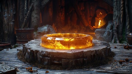Glowing golden ring in ancient stone forge

