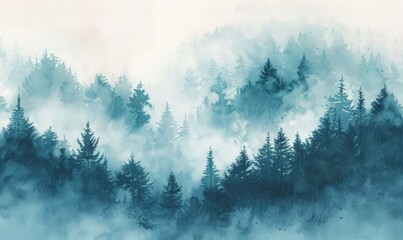 A painting of a forest with trees in the background and a misty sky