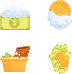 Corruption icons set cartoon vector. Symbolic money laundering process. Fraud and financial machination