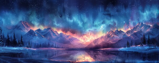 A beautiful painting of a mountain range with a lake in the foreground