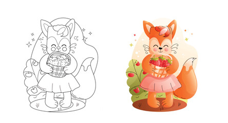 Cute Fox Character Coloring Page Black and White and Colored Versions. Childrens animals set. 