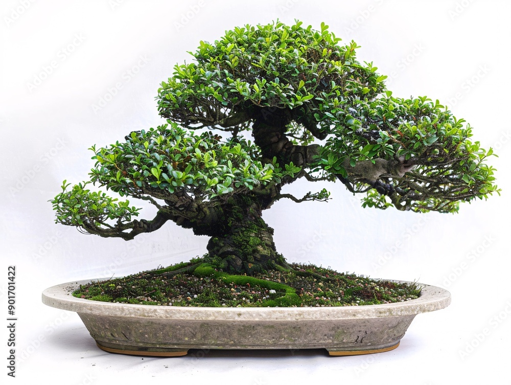 Poster a centered bonsai tree with a multi-trunk shape, presented on a white background to accentuate its u