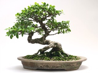 A bonsai tree in an informal upright shape, centered on a white background, demonstrating its natural and graceful curves