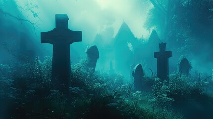 Creepy Abandoned Cemetery with Overgrown Graves and Spectral Images