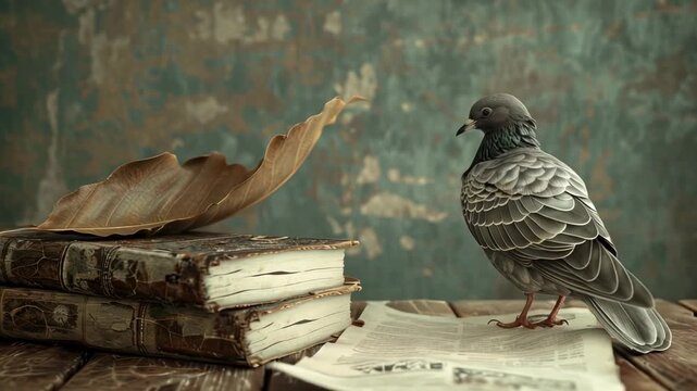 A dove on a stack of books. 
