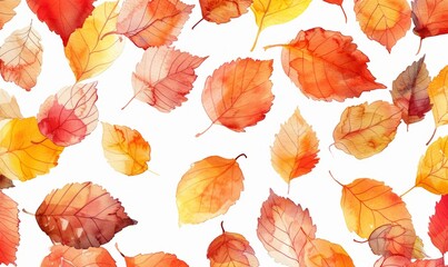 A watercolor painting of autumn leaves with a white background