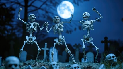 Ethereal Skeletons Waltzing in a Moonlit Cemetery with Empty Space