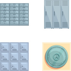 Steel safe icons set cartoon vector. Armored box to protect money and document. Deposit protection, banking service