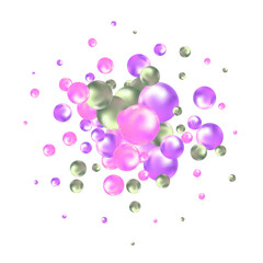 3D bubbles. Pastel pink balls. Purple dreamy wallpaper. Glass soft backdrop geometric shapes. Balloon decor. Floating spheres group. Smooth pearls composition.