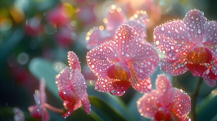 Delicate Orchid Blooms Covered In Dew Drops