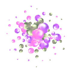 3D bubbles. Pastel pink balls. Purple dreamy wallpaper. Glass soft backdrop geometric shapes. Balloon decor. Floating spheres group. Smooth pearls composition. Art pattern. Vector abstract background