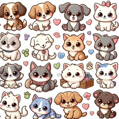 Obraz premium Cute Cartoon Animals Collection Dogs and Cats