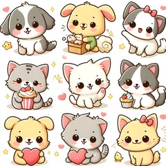 Cute Cartoon Animals Set - Dogs and Cats Illustration