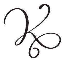 Vector calligraphy hand drawn letter K drop cap. Script font logo icon. Handwritten brush style