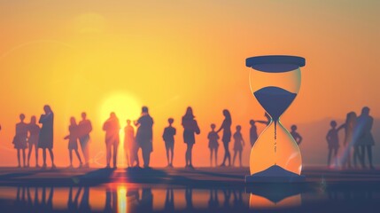 An hourglass in the foreground. Silhouettes of people against the background, the concept of the transience of time.
