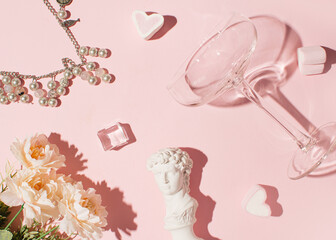 Romantic, girly pastel pink composition, souvenirs, drinks, women's trinkets