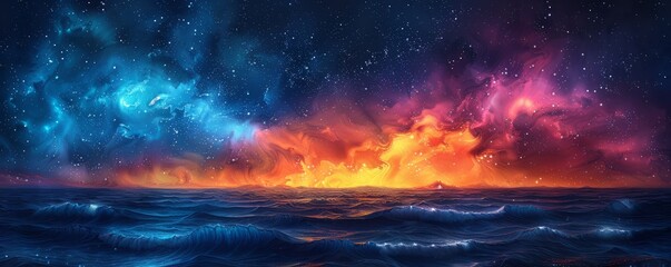 Fototapeta premium A beautiful and colorful space scene with a blue ocean and orange