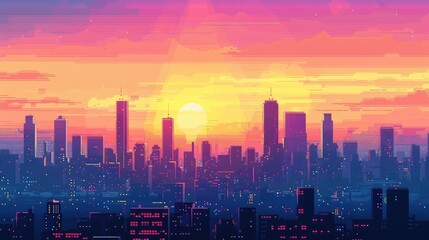 Radiant sunset over a pixel art skyline, casting a warm glow over skyscrapers, creating a serene and tranquil 8-bit cityscape