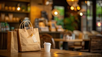 Cozy cafe scene with a paper bag and coffee cup on a wooden table, inviting ambiance with blurred background.