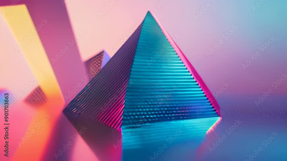 Poster a dynamic abstract scene with a metallic pyramids.