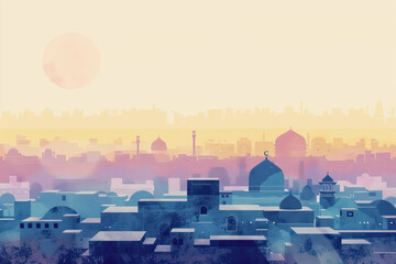 Obraz premium Risograph stencilled riso print travel poster, card, wallpaper or banner illustration, modern, isolated, clear, simple of Najaf, Iraq. Artistic, screen printing, stencil