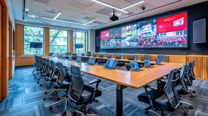 High-tech conference room with interactive touch screens and digital whiteboards