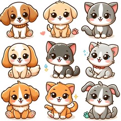 Naklejka premium Cute Cartoon Puppies and Kittens Set