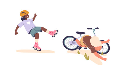 Two Children Falling, One Off Roller Skates And The Other From A Bicycle. Cartoon Vector Illustration of Outdoor Mishap