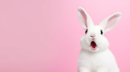 Obraz premium cute animal pet rabbit or bunny white color smiling and laughing isolated with copy space for easter background, rabbit, animal, pet, cute, fur, ear, mammal, background, celebration, generate by AI