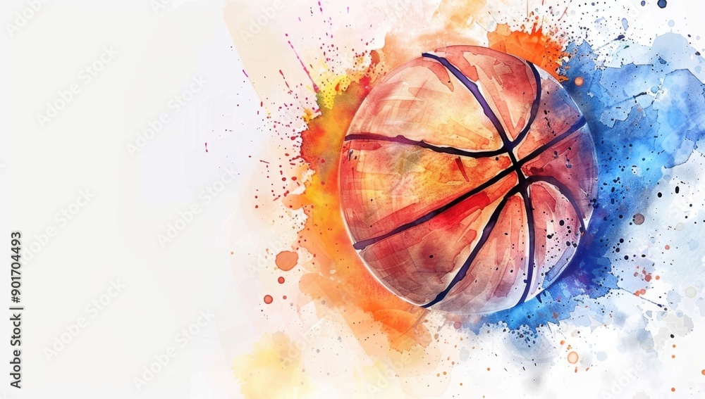 Poster abstract basketball design in the style of watercolor splashes on a white background generative ai