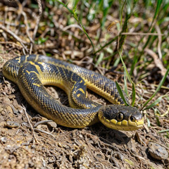 snake in the grass A close-up shot of a coiled snake with its tongue flicking out, set against a natural backdrop of grass and leaves.