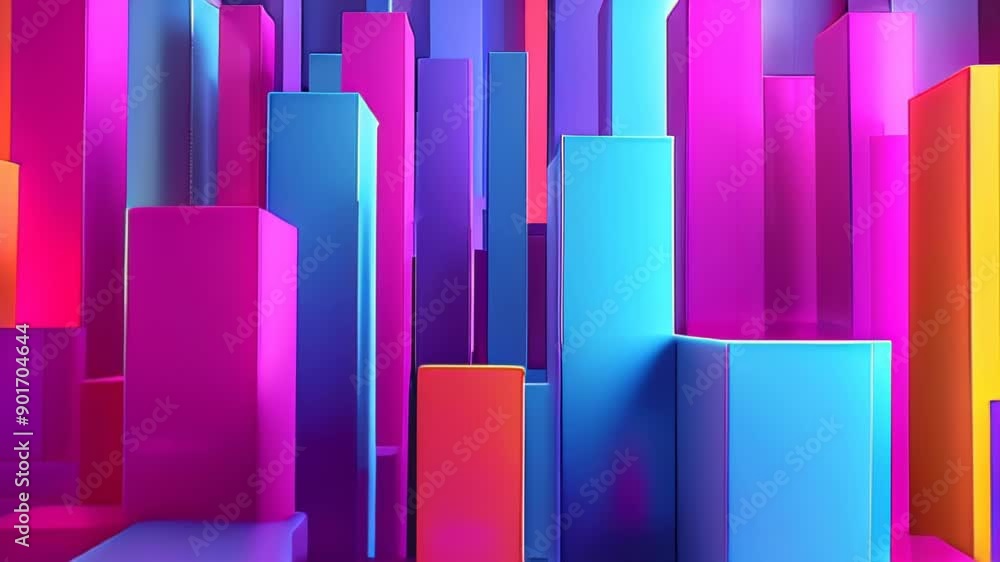 Poster a dynamic abstract scene featuring a collection of colorful rectangular prisms.