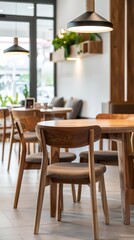 Stylish wooden table and chairs in a modern cafe, featuring pendant lights and greenery in a cozy, inviting atmosphere.