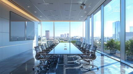 High-tech conference room with interactive touch screens and digital whiteboards