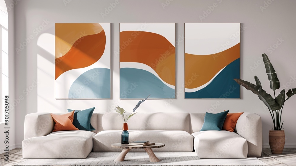Poster A set of three minimalistic abstract posters featuring a continuous image across a pristine white background, creating a harmonious wall art display