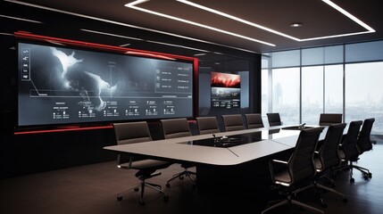 High-tech conference room with interactive touch screens and digital whiteboards