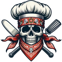 Skull Chef with Bandana and Crossed Kitchen Utensils