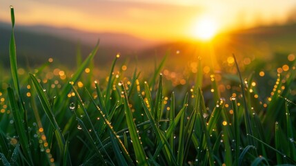 Morning dew on grass, illuminated by the golden sunrise in a peaceful countryside. Perfect for nature, spring, and tranquility-themed projects.