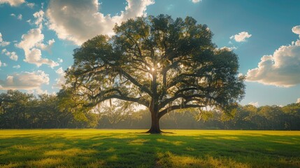 Fototapeta premium The sun brightly shines through the crooked branches of a majestic green tree 