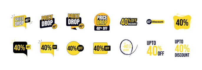 40 percent discount set, Price drop Icons, 40% off discount collection, discount tags Bundles, percent sign percentage interest rate, 40% sale discount savings symbols, discount offer, up to 40% off, 