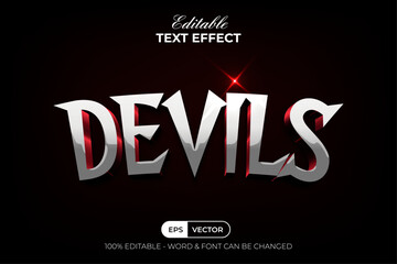 Devils Text Effect 3D Curved Silver Shiny Style. Editable Text Effect.