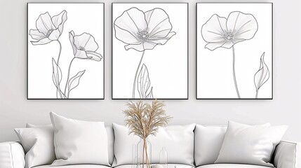 Three art posters with a continuous line drawing of a flower, each piece aligning perfectly on a white background for a sophisticated decor