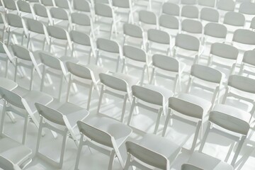 Obraz premium The white space, white chairs are arranged together regularly.