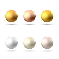 Vector illustration, set of realistic pearls isolated on a transparent background. Gold and Silver balls. Eps 10
