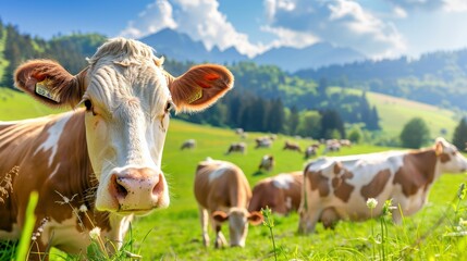 Obraz premium A cow is looking at the camera with its head turned to the side