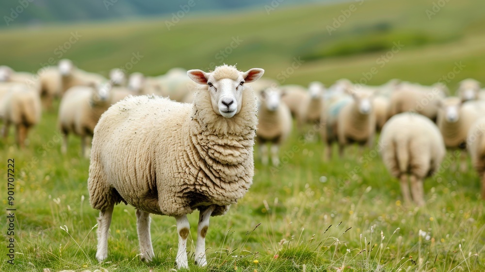 Poster a sheep is standing in a field with other sheep. the sheep is the only one that is not facing the ca