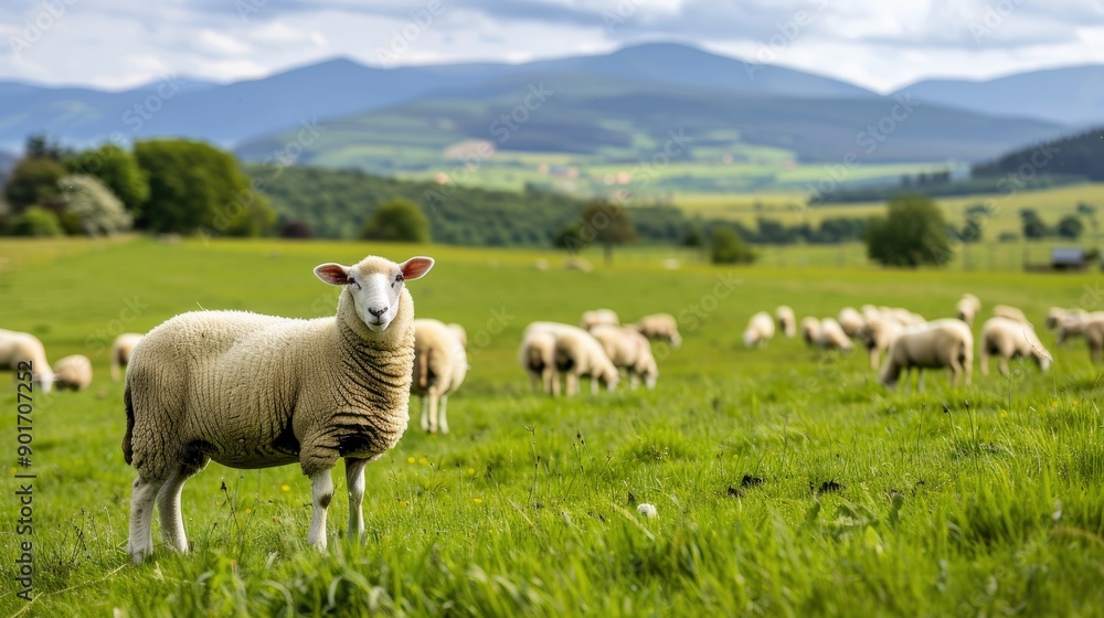 Poster a sheep is standing in a field with other sheep. the sheep is the only one that is not facing the ca