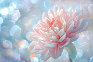 Obraz premium Pink flower, aster or chrysanthemum on blue blurred background, bokeh. Concept template for backgrounds, wallpapers and backdrops
