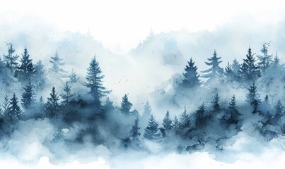 Abstract misty forest in watercolor on white.