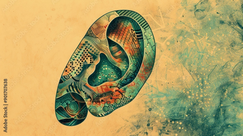 Poster generate an image of a stylized ear with intricate, geometric patterns within the ear structure, set